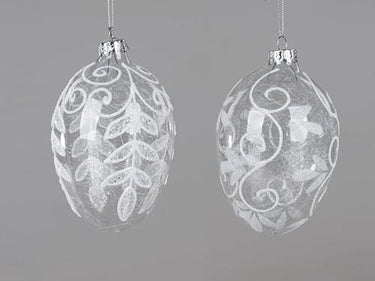 2er Satz Glasei hängend, 12cm 2 Motive Sortiert mit Ranke + Seidenfäden aus klarem Glas mit Ornamenten veredelt im Sale